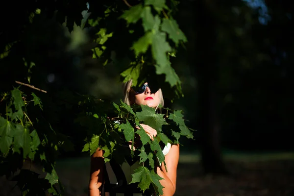 Vacker Blond Kvinna Höst Skogen Vid Solnedgången — Stockfoto