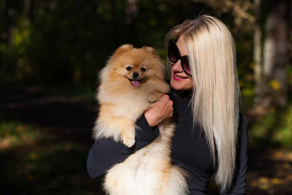 Joyeux jeune femme de mode avec spitz nain dans la forêt d'automne — Photo