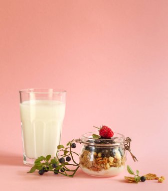 Yoğurt ve yaban mersinli granola ve pembe arka planda bir bardak süt. Uzayla dikey