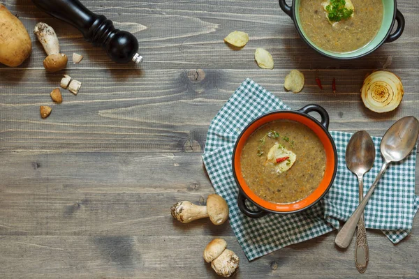 Mushroom soup in a bowl on a check napkin, with baked onion, pepper mill and porcini mushrooms. Top view on a wooden background — Stock Image Mushroom soup in a bowl on a check napkin, with baked onion, pepper mill and porcini mushrooms. Top view on a wooden background Stock Photo