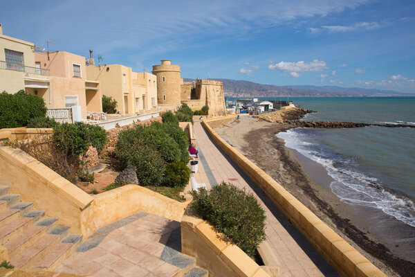 Coast promenade and Roquetas del Mar castle de Santa Ana Costa de Almera, Andaluca Spain 