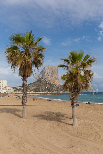 Calpe Costa Blanca Alicante İspanya plaj, palmiye ağaçları ve amaç Penon de Ilfach rock
