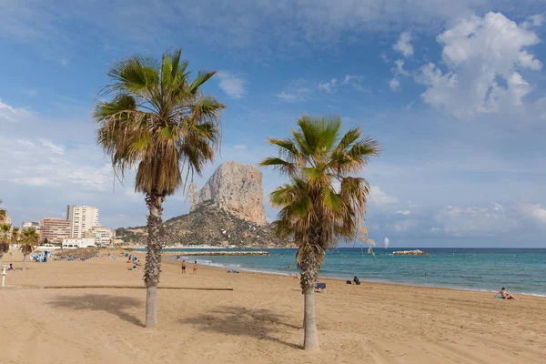 Calpe Costa Blanca Alicante İspanya plaj, palmiye ağaçları ve amaç Penon de Ilfach rock