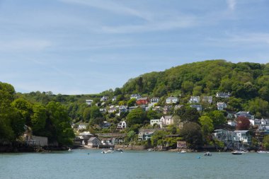 River Dart tekne gezisi Dartmouth yakınlarındaki yamaçta evlerin Devon sahil görünümü