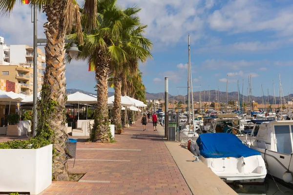 Puerto Mazarron Hamn Murcia Spanien Med Caféer Och Palmer Och — Stockfoto