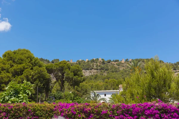 Xabia Spain View Town Mountain Including Beautiful Bougainvillea Flowers Summer — Stock Photo, Image