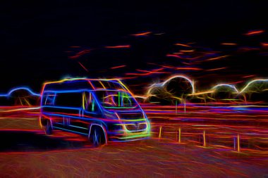 Campervan karavan dönüşümü parlak neon ışıklar ve canlı renkler