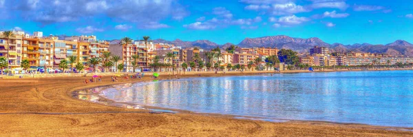 Puerto Mazarron Murcia Španělsko Pláž Moře Jasnými Barvami Panoramatický Výhled — Stock fotografie
