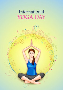 Kadının yapması yoga poz Uluslararası Yoga gün kutlamak için afiş tasarımı üzerinde gösterimi