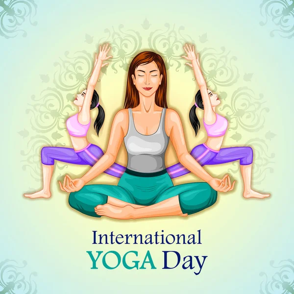Illustratie van de vrouw doen yoga pose op de posterontwerp voor het vieren van de internationale dag van Yoga — Stockvector