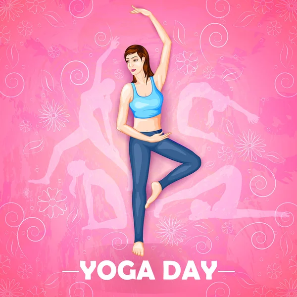 Illustration of woman doing yoga pose on poster design for celebrating International Yoga Day — Stock Vector