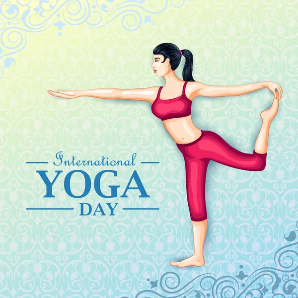 Illustratie van de vrouw doen yoga pose op de posterontwerp voor het vieren van de internationale dag van Yoga — Stockvector