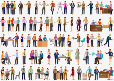 İş karakter adam ve kadın çalışma office meslektaşım yapıyor toplantı, confrence, sunum