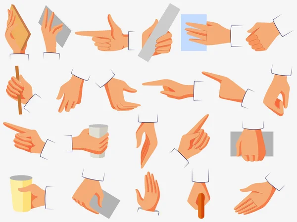 Conjunto de gestos de la mano mostrando, señalando, sosteniendo y haciendo otras actividades — Archivo Imágenes Vectoriales