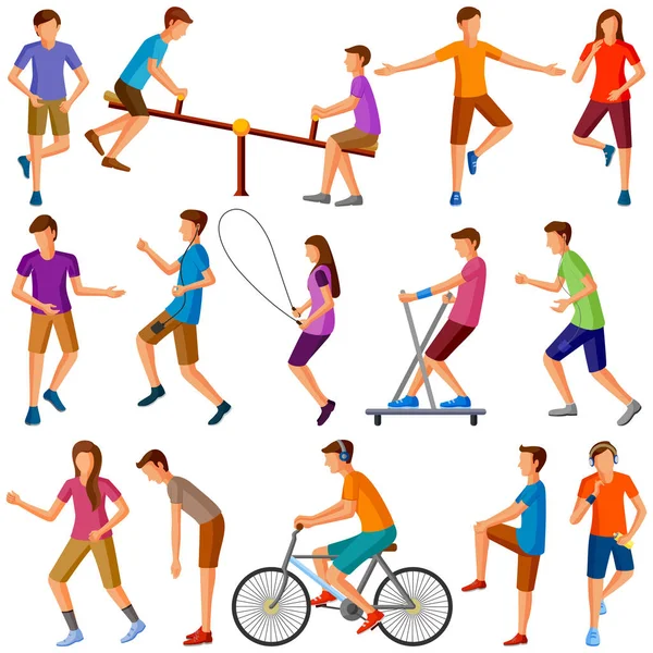 Набор мужчин и женщин, занимающихся тренировками и упражнениями — стоковый вектор