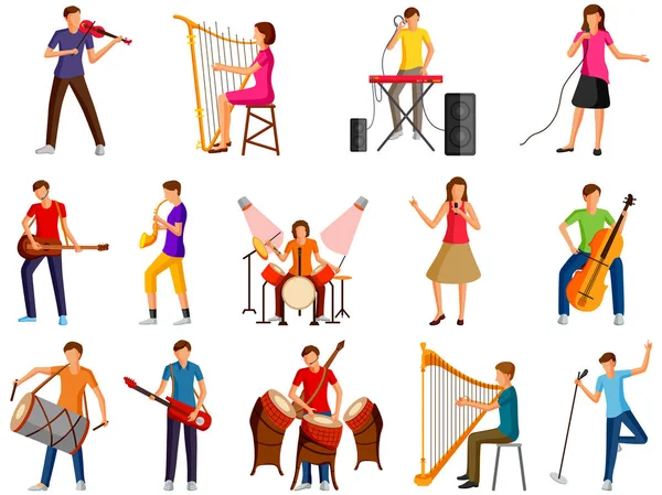 Musicien et artistes jouant de la guitare, batterie, harpe, clavier — Image vectorielle