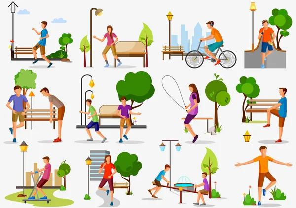 Conjunto de hombre y mujer haciendo ejercicio y ejercicio — Vector de stock