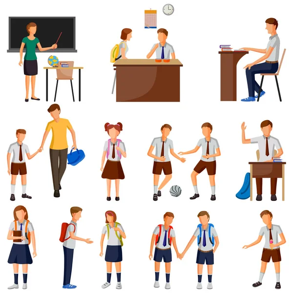 Escola estudante menino e menina com professor em sala de aula — Vetor de Stock