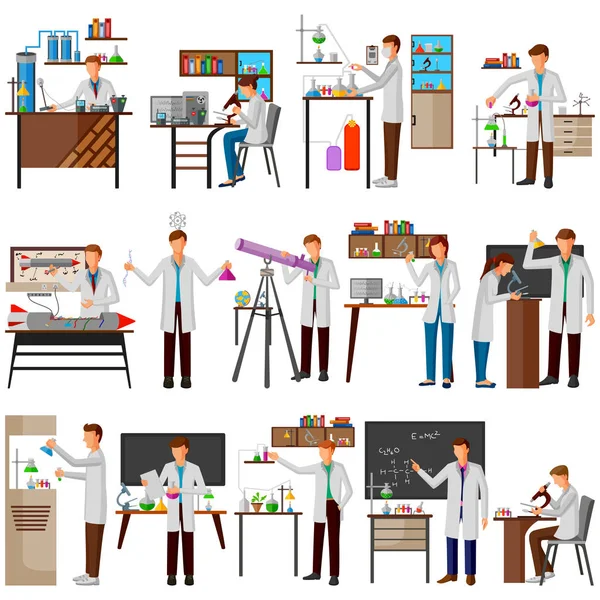 Cientista fazendo pesquisa e experiência em laboratório de ciências — Vetor de Stock