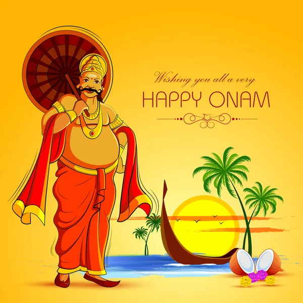 Happy Onam Festival sfondo del Kerala con re Mahabali — Vettoriale Stock