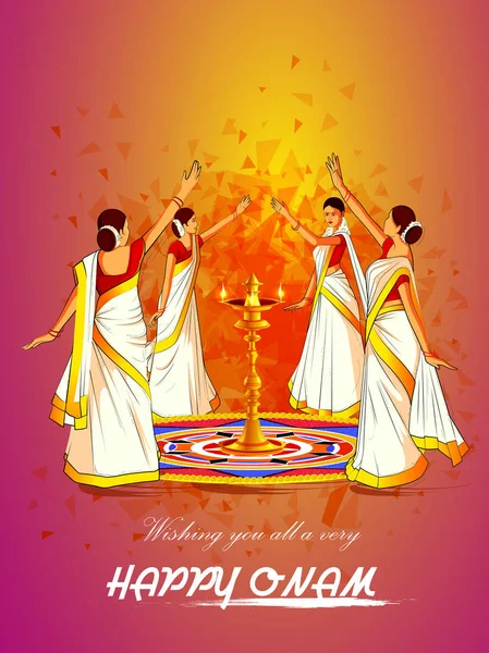 Mujer realizando Thirvathirakali danza para Happy Onam festival del sur de la India Kerala fondo — Vector de stock