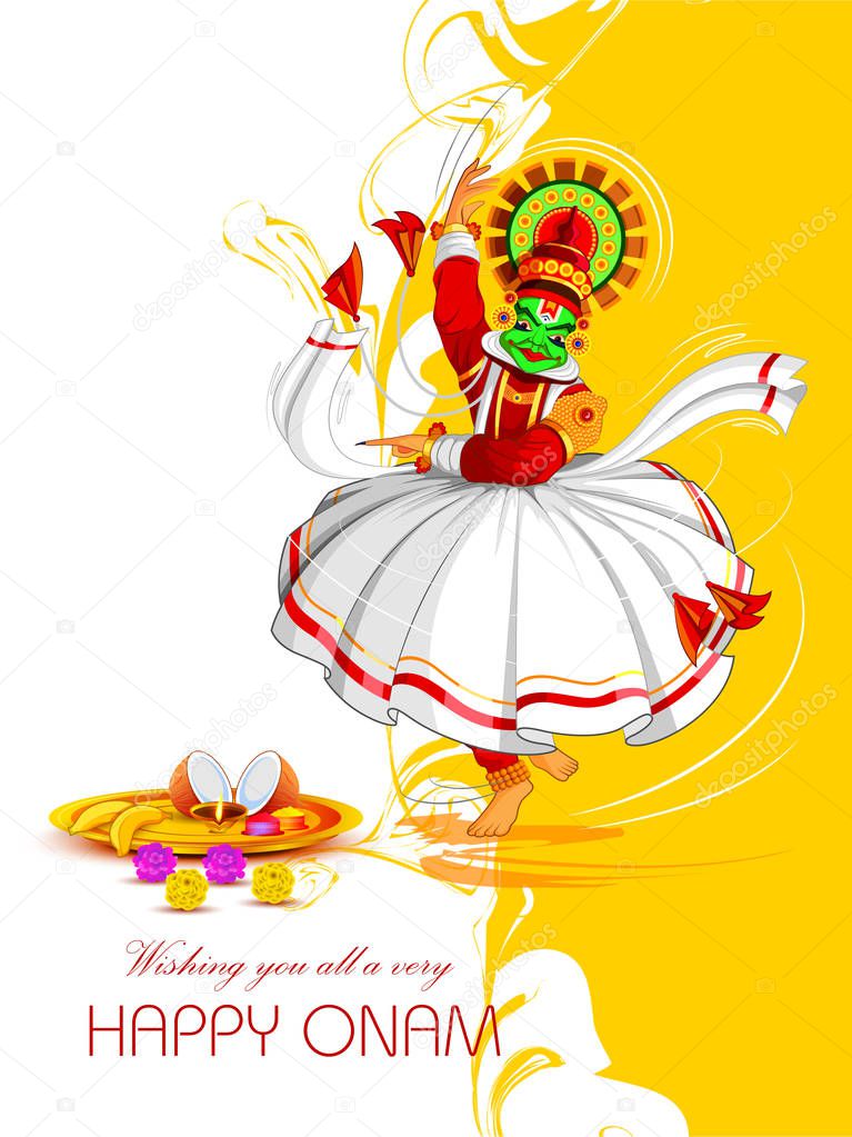 Happy Onam Festival Background with Kathakali dancer