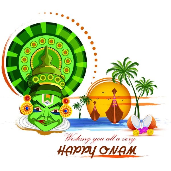 Fondo del Happy Onam Festival con bailarina Kathakali — Vector de stock