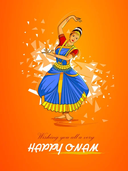 Žena provádějící Mohiniyattam tanec pro Happy Onam festival Jižní Indie Kerala pozadí — Stockový vektor