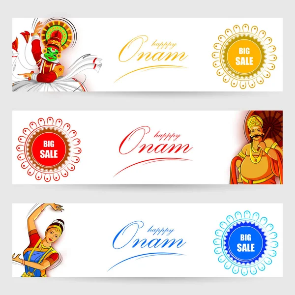 Fondo del Happy Onam Festival con la bailarina Kathakali y el rey Mahabali — Vector de stock