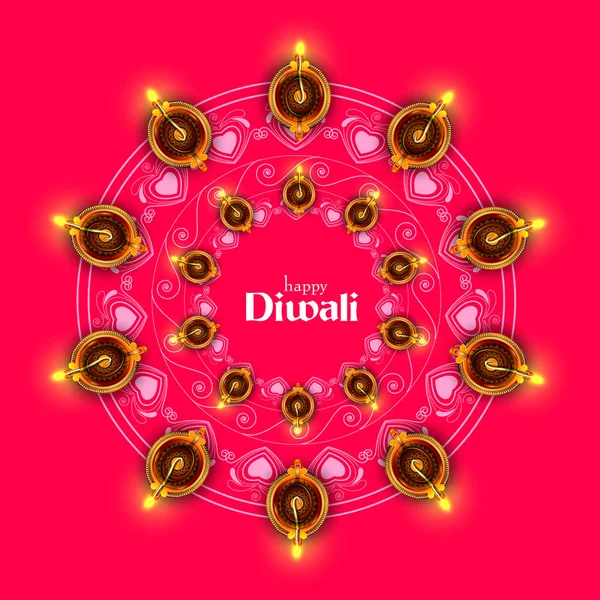 Díszített Diya Boldog Diwali fesztivál ünnep ünnepe ünnepe India üdvözlő háttér — Stock Vector