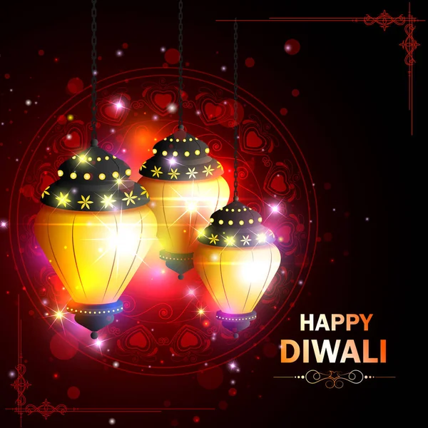 Lampy wiszące zdobione dla Happy Diwali święto Festiwal wakacje Indie pozdrowienie tła — Wektor stockowy