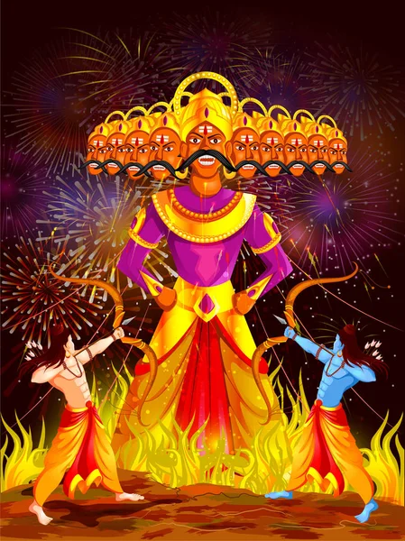 Lord Rama matando a Ravana en el festival Happy Dussehra de la India — Vector de stock