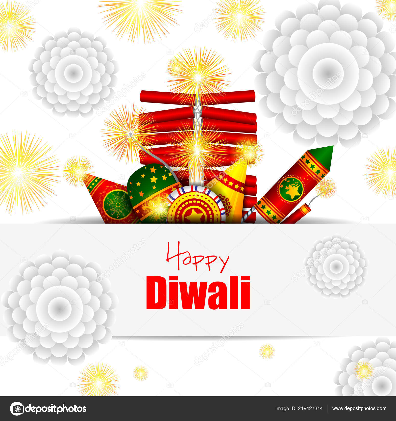 多彩的爆竹与装饰diya 问候背景的印度排灯节快乐春节放假庆祝图库矢量图©stockshoppe 219427314