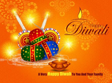 Colorful fire cracker with decorated diya for Happy Diwali festival holiday celebration of India greeting background clipart