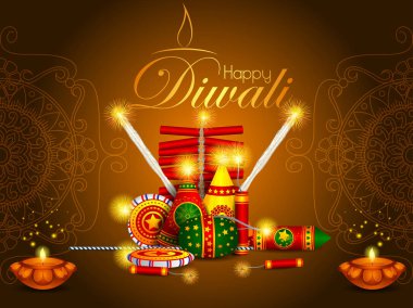 Renkli yangın kraker ile dekore edilmiş diya mutlu Diwali Festivali tatil kutlaması arka plan tebrik Hindistan için