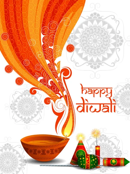 Colorful fire cracker with decorated diya for Happy Diwali festival holiday celebration of India greeting background — Stock Vector