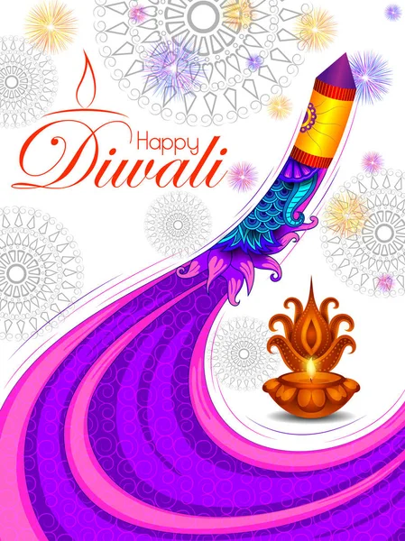 Colorato cracker fuoco con decorato diya per Happy Diwali festa festa celebrazione dell'India saluto sfondo — Vettoriale Stock