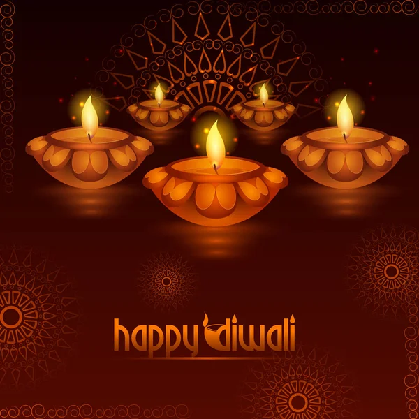 Díszített Diya Boldog Diwali fesztivál ünnep ünnepe ünnepe India üdvözlő háttér — Stock Vector