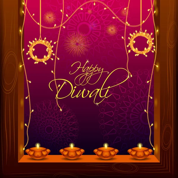 Zdobené Diya pro Happy Diwali svátek svátek oslavy Indie pozdrav pozadí — Stockový vektor