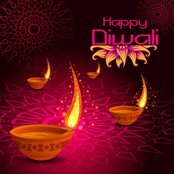 Versierde Diya voor Happy Diwali festival vakantie viering van India begroeting achtergrond — Stockvector