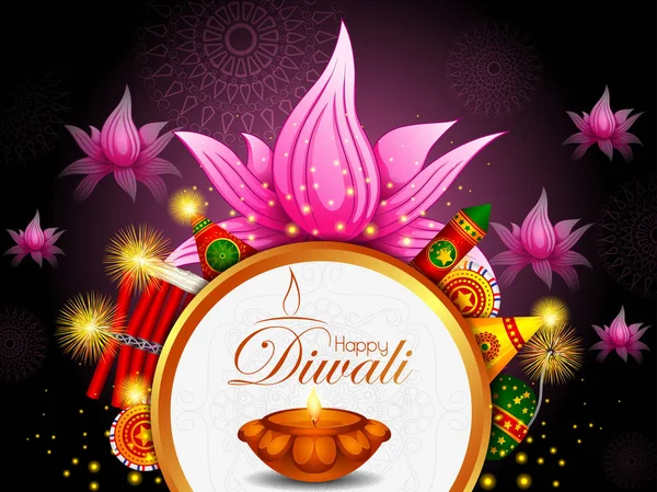 Casse-feu coloré avec décoré diya pour Happy Diwali fête fête fête de l'Inde fond de salutation — Image vectorielle