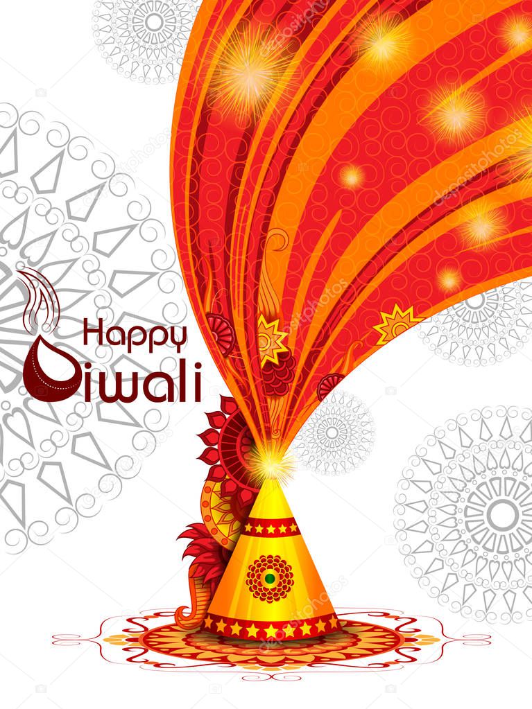 Colorful fire cracker with decorated diya for Happy Diwali festival holiday celebration of India greeting background