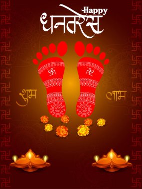 Mutlu Dhanteras Diwali festivali tatil kutlaması arka plan tebrik Hindistan için dekore edilmiş diya ile Tanrıça Lakshmi ayak izi