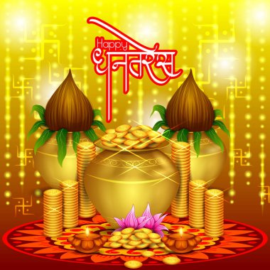 Mutlu Dhanteras Diwali bayramı kutlamaları için madalyalı altın Kalash Hindistan 'ı selamlıyor.