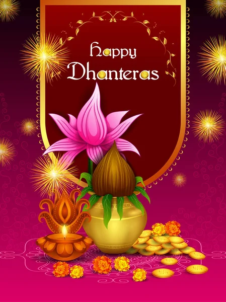 Kalash de oro con diya decorado para la celebración del festival Happy Dhanteras Diwali fiesta de la India saludo fondo — Archivo Imágenes Vectoriales