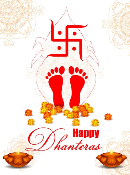 Bogini Lakshmi footprint z dekoracyjną diya dla Happy Dhanteras Diwali Festiwal świąteczny Indii pozdrowienie tła — Wektor stockowy