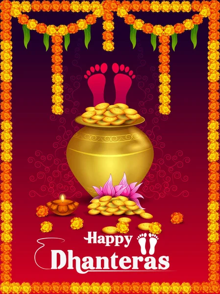 Kalash d'or avec décoré diya pour Happy Dhanteras Festival Diwali célébration de vacances de l'Inde fond de salutation — Image vectorielle