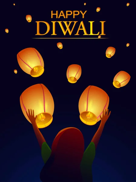 Lámpara de cielo volando chica para feliz festival Diwali fiesta celebración de la India saludo fondo — Archivo Imágenes Vectoriales