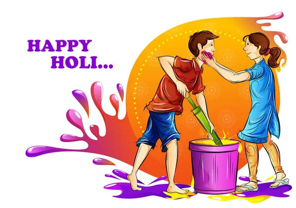 Indiska folket spelar Indien Festival av färg glad Holi bakgrund — Stock vektor