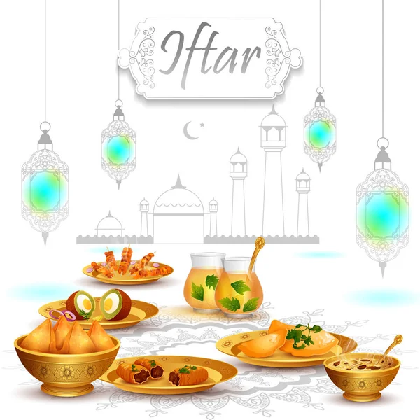 Ramadan Kareem Salutations pour le fond Ramadan avec Iftar Food and Drink — Image vectorielle